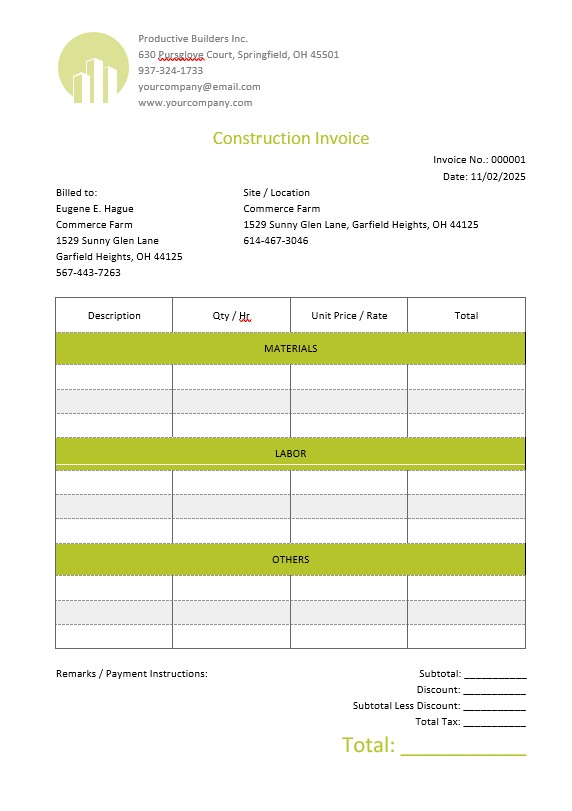Blank Construction Invoice Template PSD template
